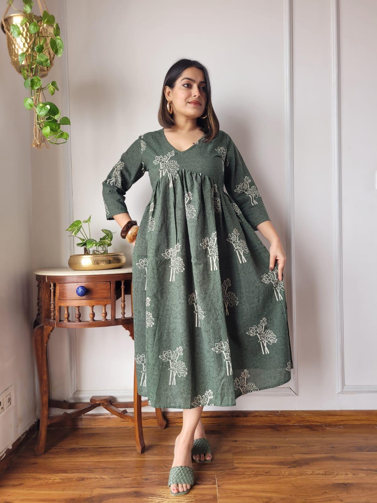 🍁😍*All New Exclusive Collection of Bagru Hand Block Printed Long " One Piece Dress " 👗 in Multiple Beautiful Colours With Pocket*