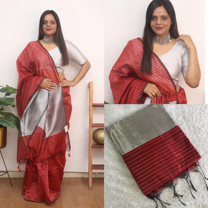 ✨Cotton Silk silver lines saree